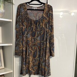 Papillon Blanc Long Sleeve Paisley Dress in Blue and Brown